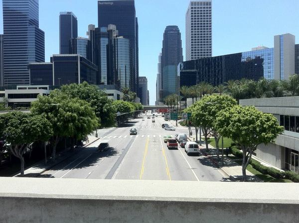 View of the pedway connecting the The LA Hotel Downtown (right) from another branch of the pedway