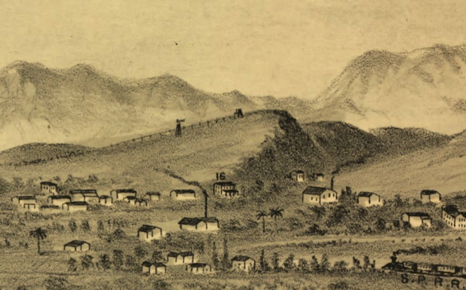 Detail of E.S. Glover's View of Los Angeles from the East (1877), showing what was to become Victor Heights