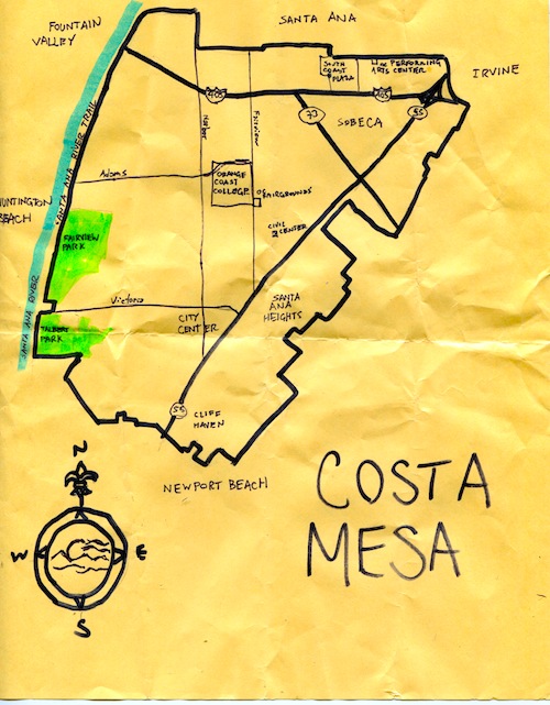 Ink map of Costa Mesa, 2010 (color since added to compass rose) -- California Fool’s Gold — Exploring Costa Mesa, The Standing Ovation Capital of Orange County