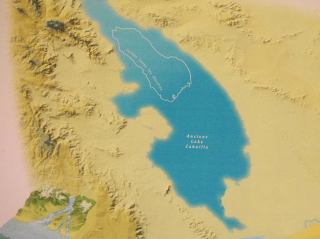 A map from the Salton Sea Museum showing the size and location of Lake Cahuilla and the Salton Sea.