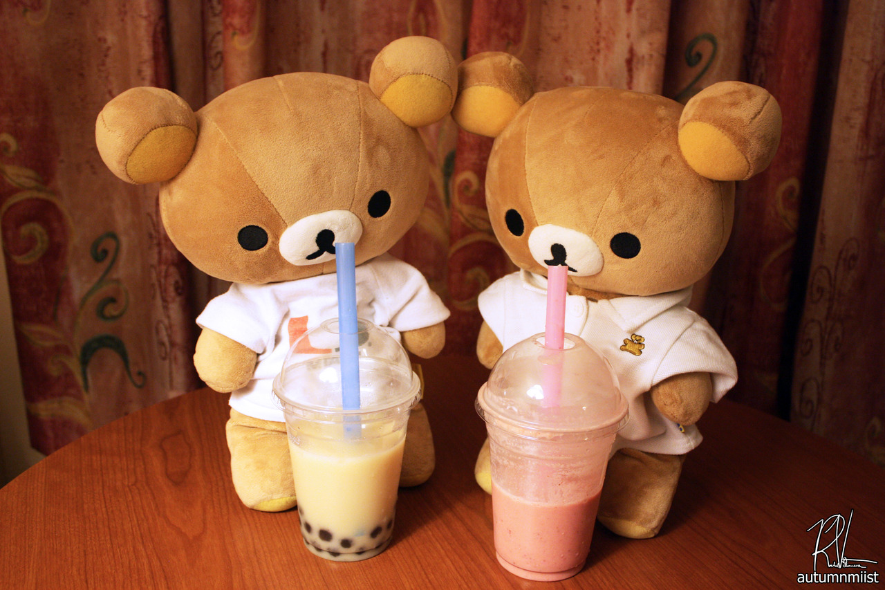 Rilakkuma shares bubble tea with a friend ()