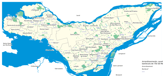 Boroughs, neighbourhoods and suburbs on Montréal Island (map by Emdx)
