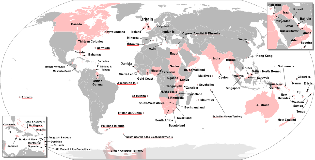 All areas of the world that were ever part of the British Empire -- source: The Red Hat of Pat Ferrick